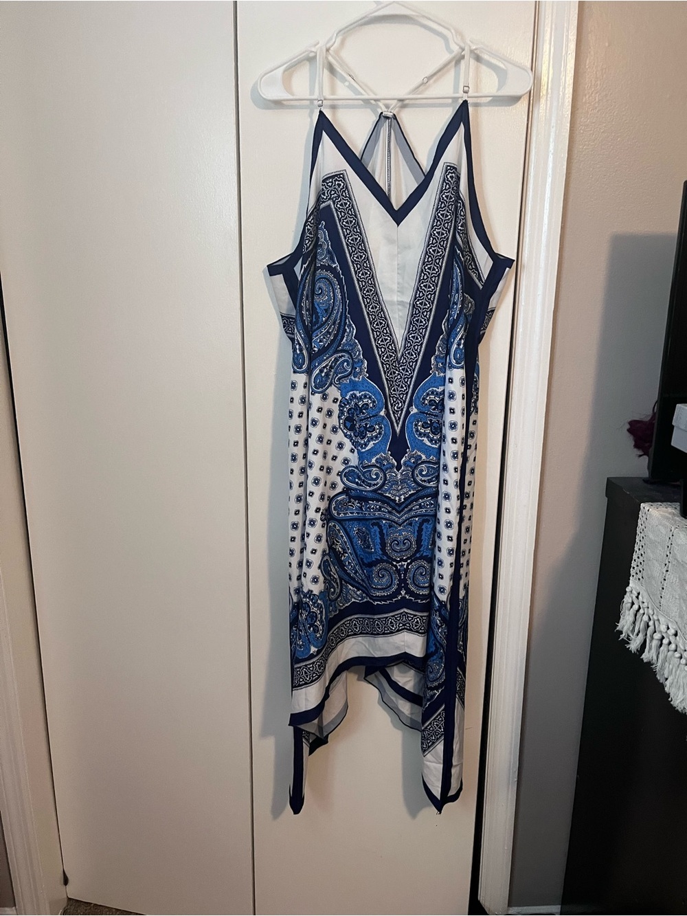 SHEIN Blue and White Paisley Asymmetrical Handkerchief Hem Dress
